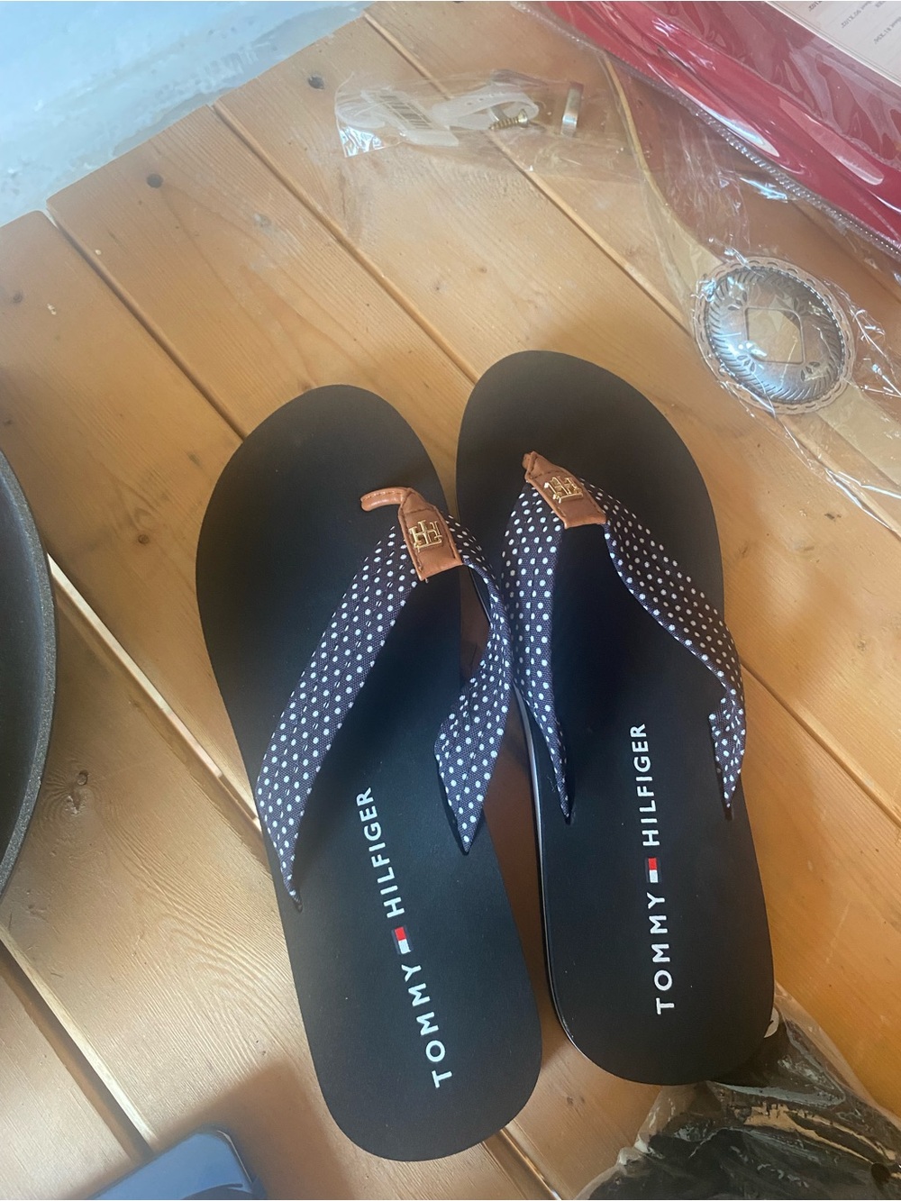 Tommy Hilfiger Black Flip Flop Sandals with Navy Polka Dot Straps